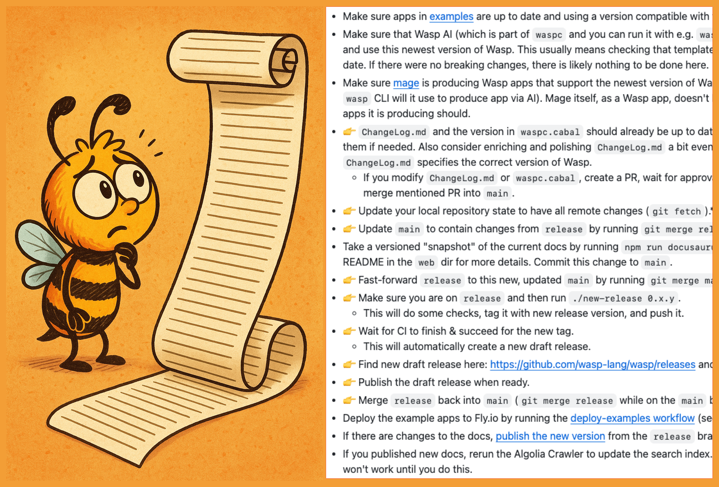 Wasp&#39;s mascot, &quot;Da Boi&quot;, reading our super long release checklist with steps and sub-steps, with a worried face